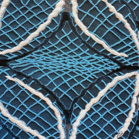 ROLAND MOURET “BANCROFT” BLUE GEOMETRIC PRINT EMBROIDERED MIDI PENCIL DRESS SZ 6 - Picture 9 of 15